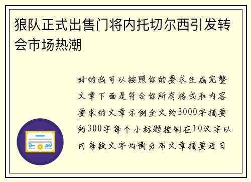狼队正式出售门将内托切尔西引发转会市场热潮